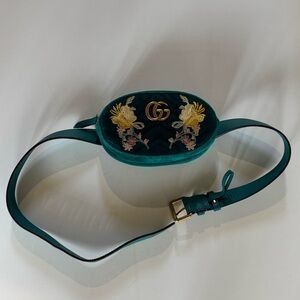 Gucci Teal Velvet Belt Bag with Floral Embroidery